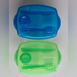 Set of 2 salad bowls with utensils and dressing container